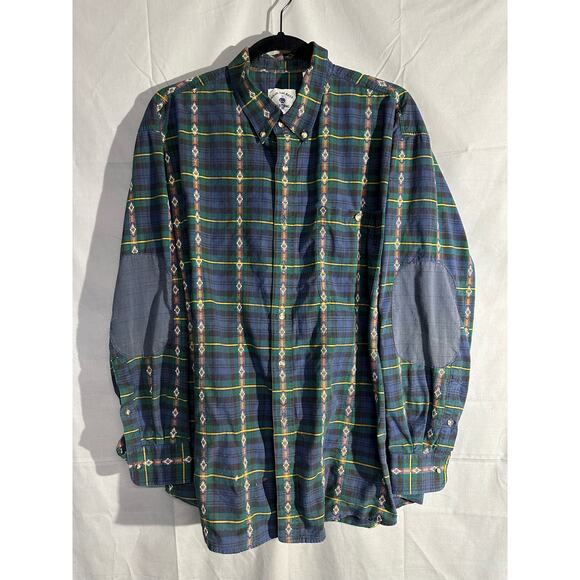 Vintage Shirt Mens Large Blue Plaid Aztec Button Elbow Patch Western Green - Picture 1 of 10